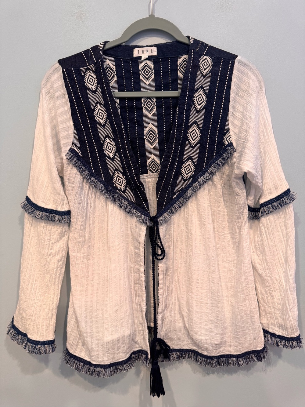 THML Boho White & Navy Geometric Fringe Tie-Front Gauze Blouse